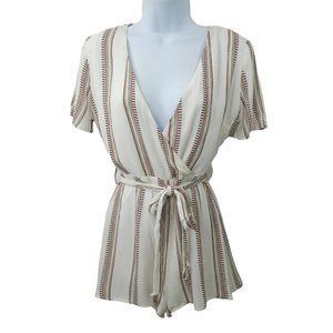 Sadie And Sage Striped Romper Size S Tie Belt Back Zip Lined Deep V Neck